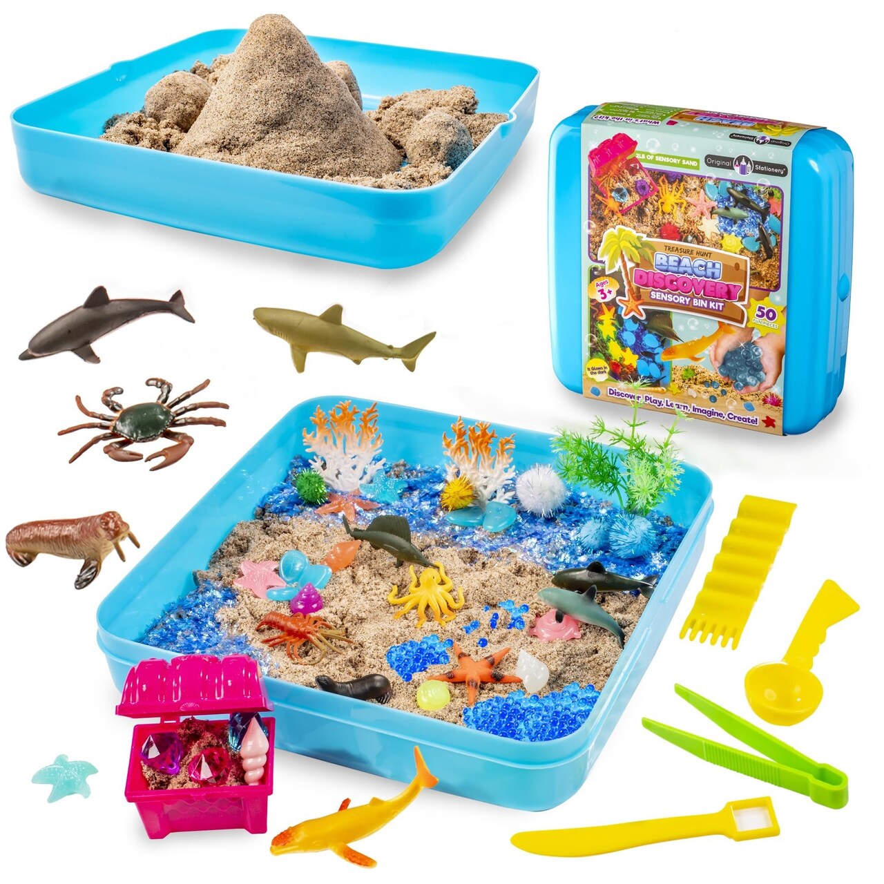 Original Stationery Beach Discovery Sensory Bin, Sandbox for Kids with 2lbs Sensory Sand, 4 Sand Tools, Glow in the Dark Toys, Fun Kids Sensory Bin